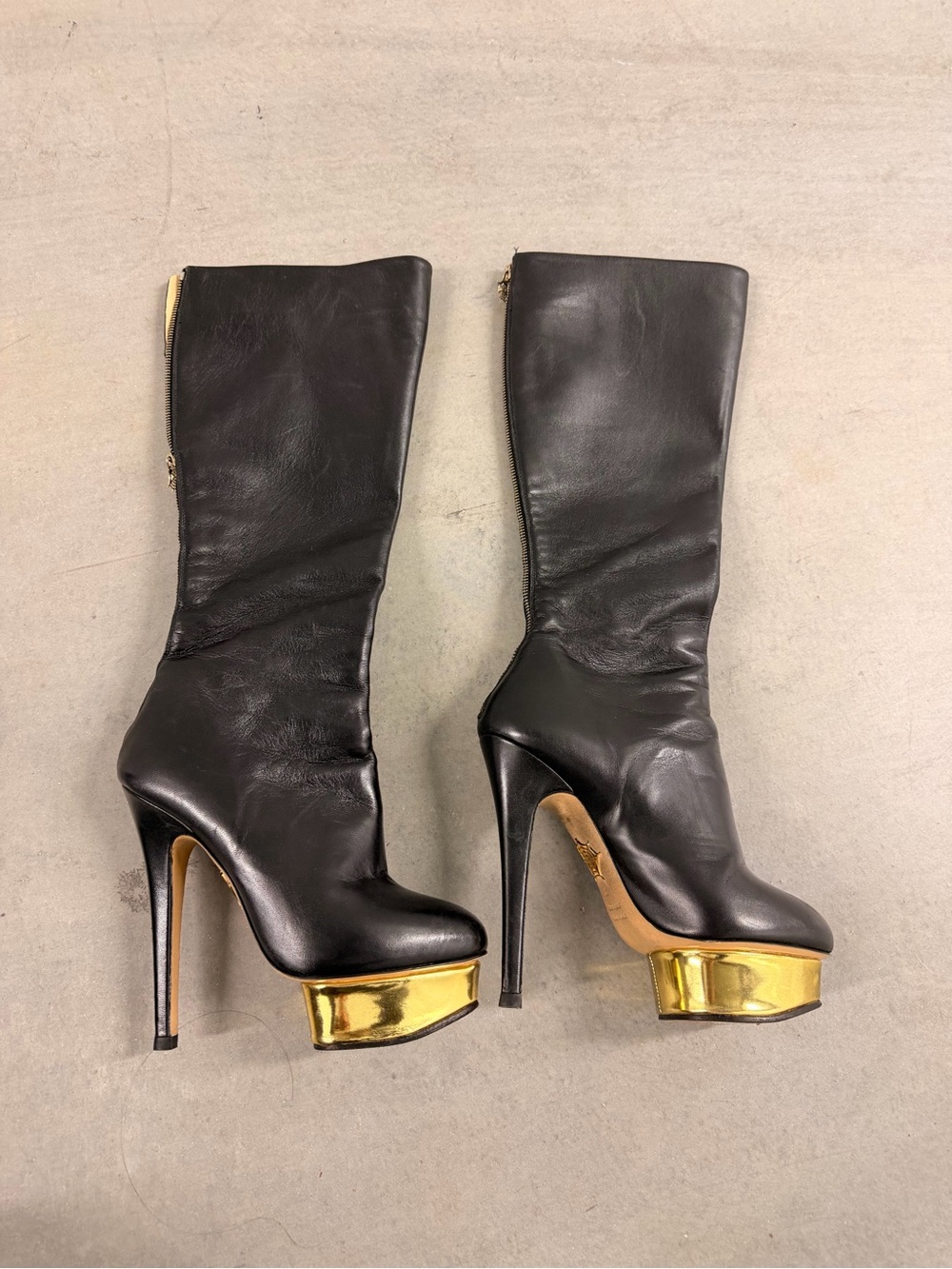 Charlotte Olympia  Black Leather Knee Boots with Gold Platform